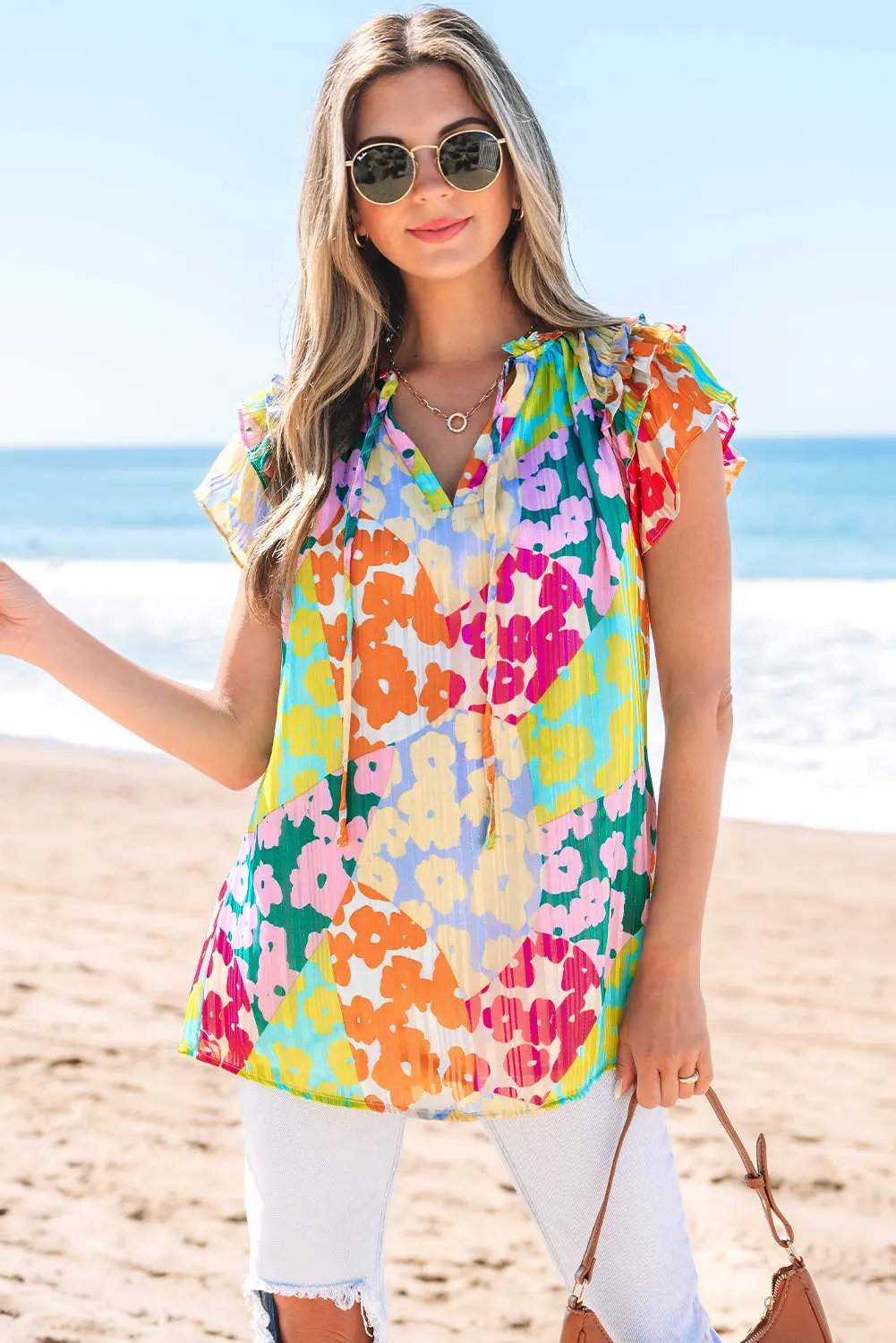 Multicolour Leopard Flutter Sleeve V Neck Crinkled Blouse - Love Salve